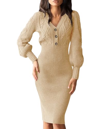 Cicy Bell Damen Pulloverkleid V-Ausschnitt Knielang Strickkleid mit Knopf Sexy Laterne Langarm Kleider Lang Winter Midikleid Khaki,S