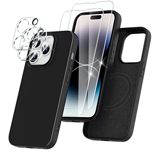 Ruayia Coque pour iPhone 14 Pro Silicone Liquide Magnétique Étui Compatible avec MagSafe, 2 x Protection écran + 2 x Caméra Arrière Protecteur, Antichoc Aimantée Housse iPhone 14 Pro, 6.1'' - Noir Cover
