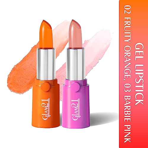 Image of Glam21 High Definition Lipstick | Lightweight & Ultra-Moisturizing Lip Color | Gel-Based Creamy Formula | Smooth Application & Vibrant Finish |Long-Lasting |3.6gm Each, Fruity Orange & Pink -Pack Of 2