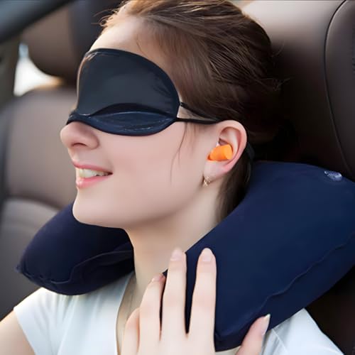 Image of Travel Kit Combo - Inflatable Neck Pillow, Soft Eye Mask & Earbuds for Airplane, Car & Train - Travel Accessories Set (Grey)