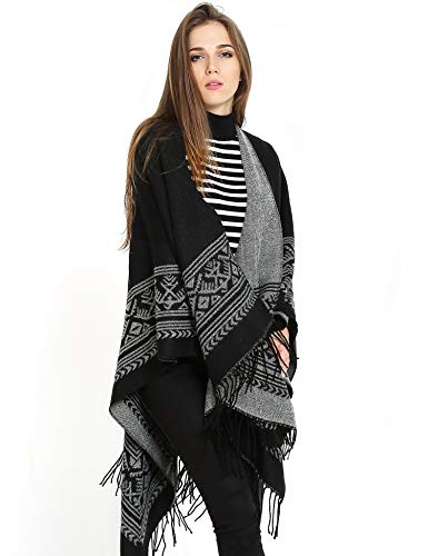 Superora-Damen-Poncho-Cape-Umhaengetuch-Stola-Strick-Pullover-Karierte-Deckenschal-Sweatshirt-Schal-mit-Fransen
