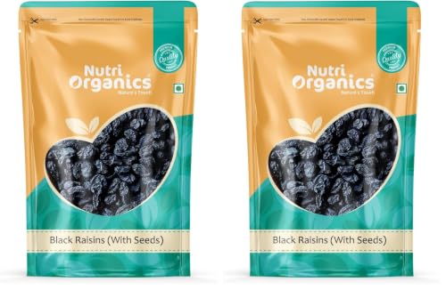Image of NutriOrganics Dry Fruits Black Raisins With Seeds For More Benefits 1kg - Kala Manuka Kali Draksh - Ziplock Pouch (Pack of 2)