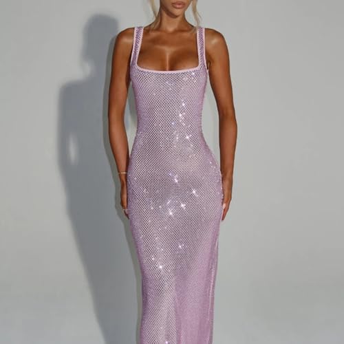 Robe de soirée en maille scintillante longue et moulante à col carré