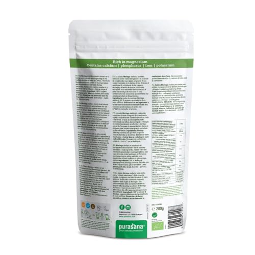 Purasana® Moringa Pulver Bio - 200g, Hochwertiges Superfood, Reich an Proteinen und Antioxidantien, 100% Vegan und Bio-zertifiziert, Ideal für Smoothies, Tees und Säfte – Bild 2