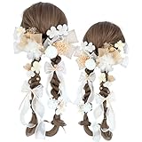 [Jzoon] 成人式 髪飾り リボン 卒業式 花火大会 振袖 和装 着物 袴 浴衣 七五三 結婚式 入学式 チュール 和玉 かすみ草 ピンポンマム 花 パール オーガンジー 専用ケース付き ベージュ M1107