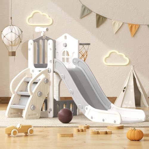 YUFU 5 in 1 Toddler Slide, Kids Slide with Climber, Basketball Hoop and Ball, Outdoor Indoor Playset for Toddlers Age 1-3 (Beige+Gray)