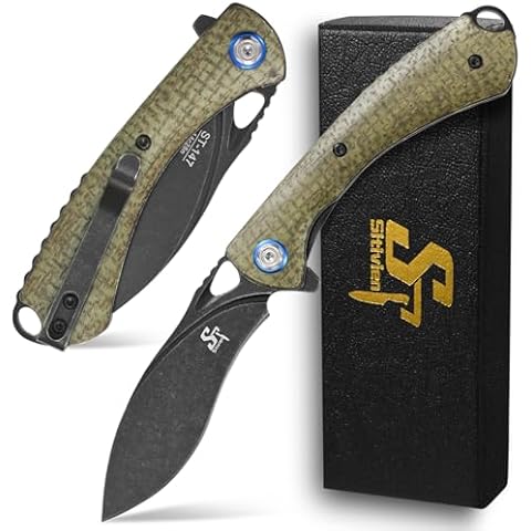 Sitivien ST147 Folding Pocket Knife,Black Stonewashed 14C28N Steel Blade with Micarta Handle Utility Knife EDC Tool Knife for Outdoor Camping,Hiking,Hunting(Green) Cover