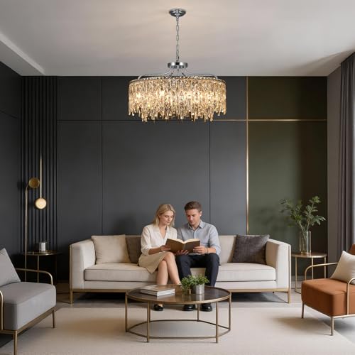 Image of 10 Lights Chrome Round Crystal Chandeliers for Dining Room 28 inch