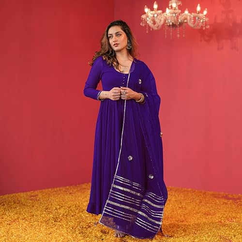 Image of GoSriKi Women's Rayon Viscose Anarkali Solid Kurta with Pant & Dupatta | Soft Comfortable Fabric | Elegant Flared Ethnic Wear Set for Festive Casual Office Daily Use