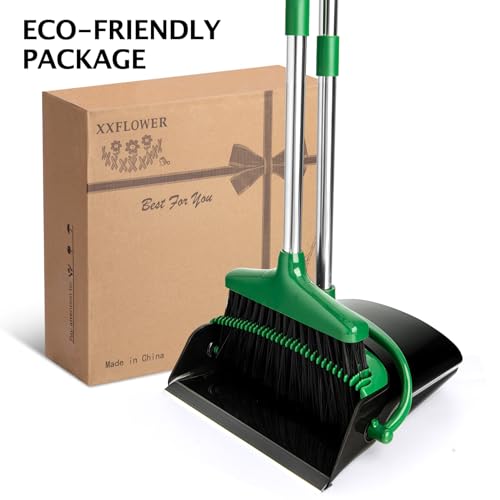XXFLOWER Besen und Kehrschaufel Set mit langem Stiel,Kehrbesen mit Schaufel,Kehrset mit Ausziehbarem Stiel,Kehrblech Broom and Dustpan Set für Haushaltsreinigung Büro (Schwarz Grün)