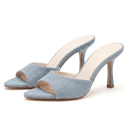 Image of Riekhany High Heel Mules for Women Slip On Open Pointed Toe Classy Patent Leather Stiletto Pumps Formal Slingback Mule Sandals Dress Walking Shoes