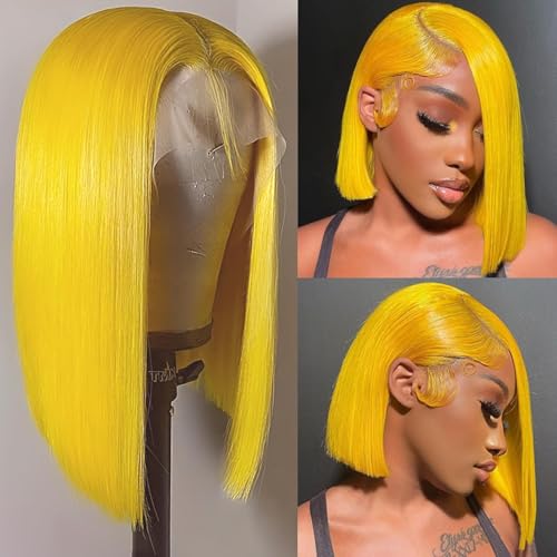 CYSDRH Yellow Bob Wig Human Hair 13x4 Transparent Lace Front