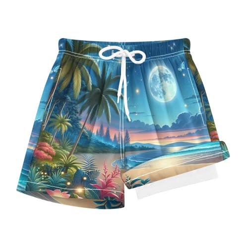 YANENDIE Boy Swim Trunks with Compression Liner Tropical Beach Moonnight Boys Swim Shorts Quick Dry Beach Shorts