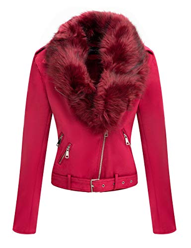 Bellivera Women's Faux Suede Short Jacket, Moto Jacket with Detachable Faux Fur Collar 8830 Red Medium