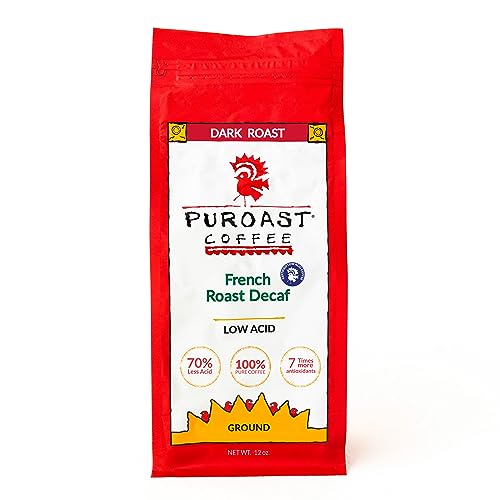 Puroast Low Acid Coffee Decaf | Decaf French Roast Ground | Dark Roast | High Antioxidants & High pH |No Bitter Aftertaste | Reduced Heartburn & GERD | Suitable for Cold Brew - 12 oz