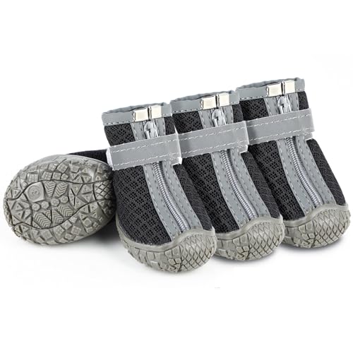 Atmungsaktive Hundeschuhe 4 Stück, Hundestiefel mit Reflektierendem Band und Rutschfester TPR-Sohle, Pfotenschutz für tägliche Spaziergänge für Kleine Hunde (Schwarz, 3)