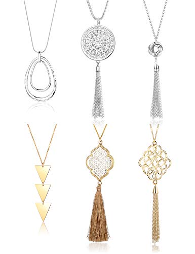 Finrezio 6PCS Long Pendant Necklace for Women Simple Three Triangle Arrow Circle Knot Tassel Y Strands Statement Necklaces Set