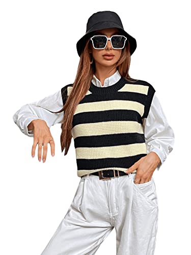 Romwe Women's Cable Knit Crop Sweater Vest Preppy Style Sleeveless V Neck Knitwear Tank Tops Black White Striped S #TOP5