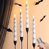 Eywamage Halloween Flameless Taper Candles with Remote, White Ghost LED Candlesticks Battery Operated Flickering Real Wax Set of 4