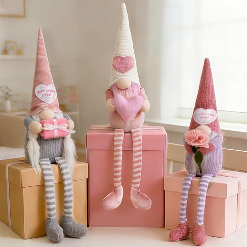 unanscre Mothers Day Gnomes Plush Decorations - 3PCS Long Dangle Leg Spring Gnomes Best Ever Gifts for Women Mom Mama Mommy Handmade Dolls for Mothers Day Home Table Ornament Tiered Tray Decor