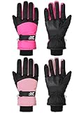 SATINIOR 2 Pairs Kids Waterproof Winter Snow Gloves Ski Gloves for Boy Girl Outdoor Warm Thickening Snowboard(Light Pink, Rose Red,6-10 Years)