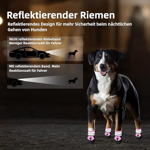 Muecleao Hundeschuhe Pfotenschutz, 4 Stück Wasserdicht Anti-Rutsch Hundestiefel mit Rutschfester Sohle und reflektierendem Klettverschluss, Hunde Schuhe für kleine, Mittlere und Große Hunde (Rosa, S)