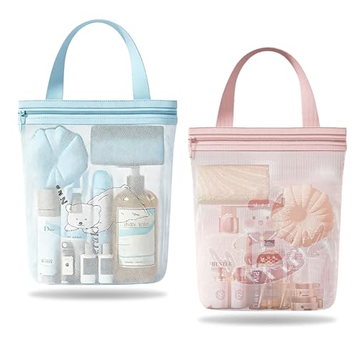 KASESSS 2 Piezas Bolsa de Ducha Portatil de Malla, Estampados de Dibujos Animados Cesta de Ducha de Secado Rápido, Bolsa de Ducha Malla con Asa Cremallera para Gimnasio Viajes Camping Baño Natación