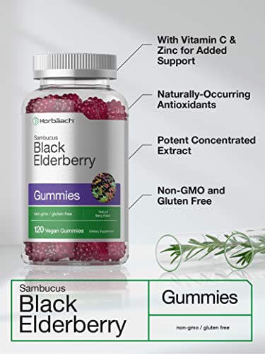 Sambucus Black Elderberry Gummies | 120 Count | With Zinc And Vitamin C | Vegan, Non-Gmo, Gluten Free Extract For Adults | Natural Berry Flavor | By Horbaach #TOP2