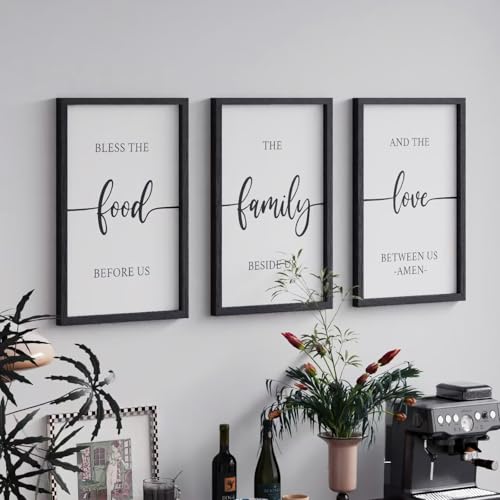 ZAZIWZ Set of 3 Bless The Food Before Us Sign Dining Room Wall Decor 12”x16” Farmhouse Kitchen Wall Decoration for Dining Room Wall Art Framed Wood Signs (bless food sign (black))