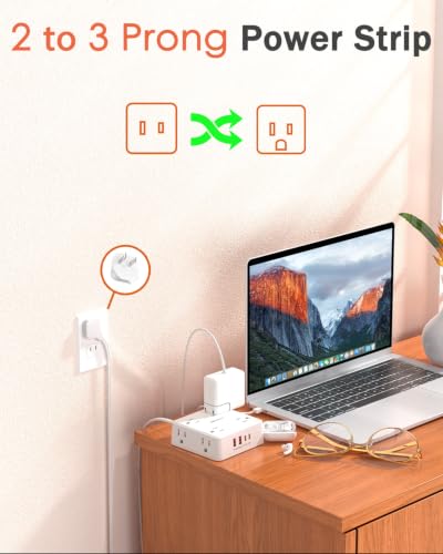 Regleta Extensión Wrxdmc QP860-CU W 5FT con 8 tomas y 4 puertos USB, Protector contra sobretensiones 1400J, Cable plano de 1.52 m, Enchufe plano polarizado tipo A, Montable en pared miniatura 2