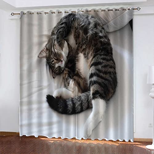 Eyelet Curtains For Bedroom 150(W) X166(H) Cm Drop Ring Top Blackout Curtains For Living Room 3D Animal Cat Print Pattern Kids Boys Girls Nursery Home Office Window Decoration 2 Panels