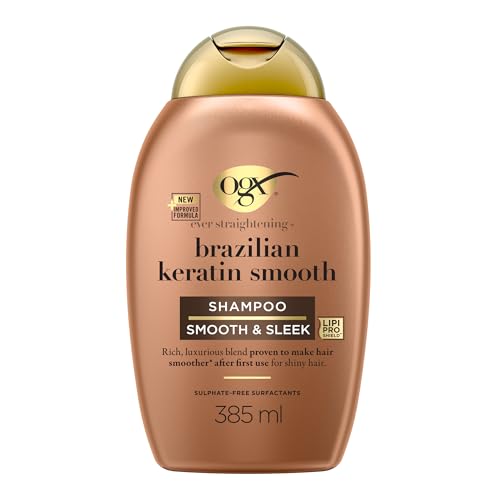 OGX Shampoing Brazilian Keratin Therapy (bouteille de 385 ml) – Shampooing lissant à la kératine Brésilienne – Soin capillaire sans parabène et sans sulfates
