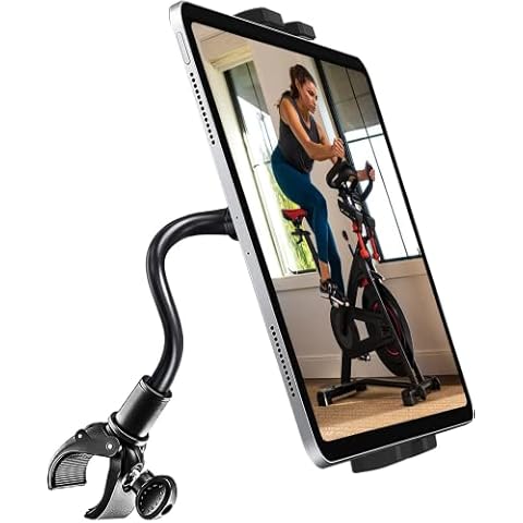 Oilcan Exercise Bike Tablet Holder Phone Mount, Gooseneck Handlebar Tablet Stand Bracket for Treadmill Cycle Spin Bike Elliptical for iPad Pro Air Mini, iPhone, Samsung Tab, Lenovo, Huawei (4-12.9") Cover
