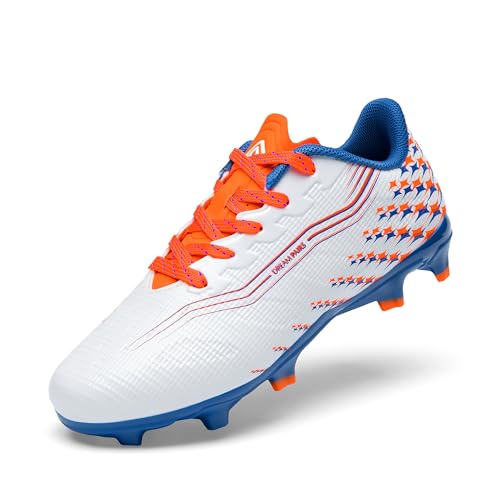 DREAM PAIRS Boys Girls FG AG Soccer Cleats High-Speed Anti-Twist Lightweight Football Shoes,Size 11 Little Kid,White/Orange,SKSO26002K