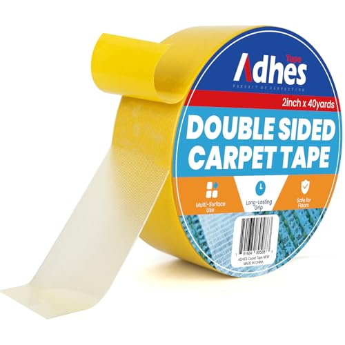 ADHES Double Sided Carpet Tape Heavy Duty, 50MM x 36M x 1 Roll, Yellow Removable and Residue-Free Non Slip Rug Gripper for Hardwood Floors, Rug Tape for Area Rugs and Carpets and Anti-Slip Grips