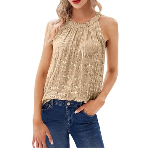 Damen Tankshirt Pailletten Camisole Tops Slim Fit | Neckholder Glitzer Top Damen Ärmellos Gold Pailletten T Shirt 70Er Jahre Stil Vintage Disco...