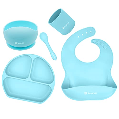 Image of SNOWIE SOFT 5pcs Silicone Tableware Kit for Baby Foodgrade Silicone Tableware Kit Baby Plate & Bowl with Sucker, Cup, Spoon, Bib Food Grade Silicone BPA-Free Dishwasher & Microwave Safe Baby Product