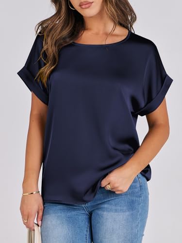 ANRABESS Women's Summer Dressy Casual Short Sleeve Shirts Crewneck Satin 2026 Business Office Work Blouse Tops Navy Blue Medium — view 2