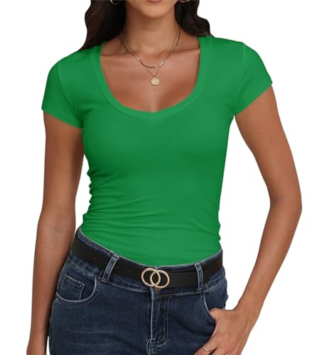 Roselux Women's V Neck Short Sleeve Workout Form Fitted Shirts Summer Tight Basic Top T-Shirt Green,S,3996