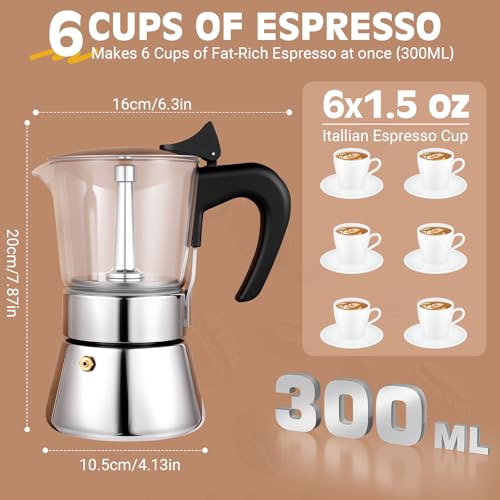 Image of 6 Cup 300ml Glass Moka Pot, Stovetop Espresso Maker, Silver | Crystal Glass-top & Stainless Steel Coffee Maker, Induction Compatible, for Greca de Cafe, Cuban and Italian Coffee Brewing
