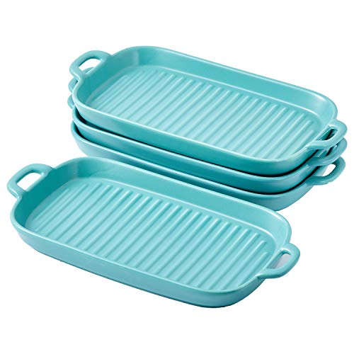 Christmas Dinner Plates 10" X 6" Set Of 4 Serving Platters Porcelain Serving Plates Matte Glaze Baking Dish Dinner Plates, Oven Safe Serving Dishes For Christmas, Rectangular, Light Blue #TOP5