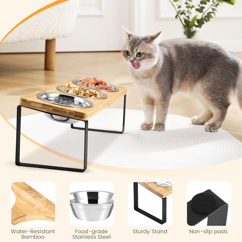 Cuencos inclinados para gatos con soporte, comedero elevado de madera para gatos y perros pequeños, incluye 3 cuencos de acero inoxidable para alimentos y agua
