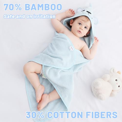 Image of Baby Hooded Bath Towel for Newborns Infants and Toddlers Soft Absorbent Rayon Baby Hooded Towel with Cute Animal Hood Skin Friendly 30 x 30 Inches (Blue)