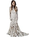SUFUTOP Women's Western Wedding Dress with Train 2 Pieces Long Sleeves Floral Lace Sheath Country Bridal Gown for Bride