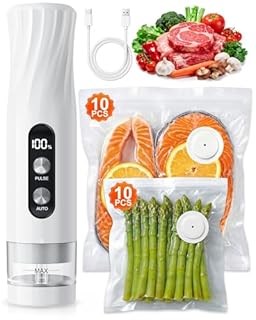 Babacom Macchina Sottovuoto Alimenti Portatile con Serbatoio Visibile, 60kPa Potente Vacuum Sealer, Sigillatura Auto con un Tocco e Modalità Impulso per Alimenti Delicati, 20 Sacchetti Riutilizzabili