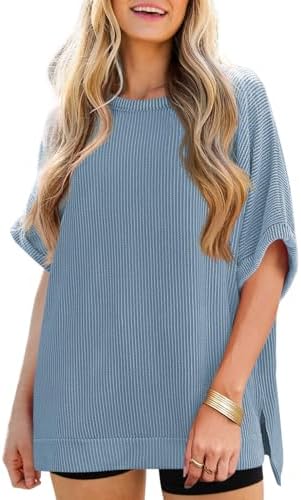 Tankaneo Womens Oversized T Shirts Summer Casual Ribbed Batwing Short Sleeve Tunic Tops Loose Fit Dolman Sleeve Tees