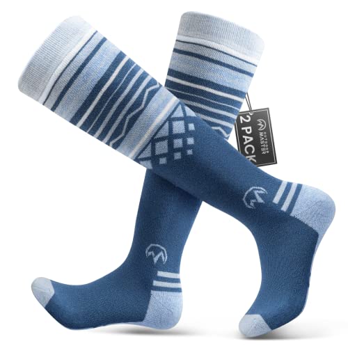 OutdoorMaster - Paquete de 2 calcetines de esquí de lana merino, altura por encima de la pantorrilla, puños antideslizantes, para hombres y mujeres, talla M, azul bebé