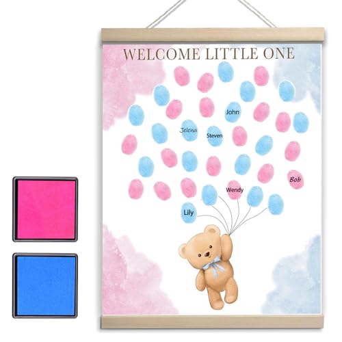 Image of QZCYU Bear Theme Baby Gender Reveal Decorations, Baby Shower Guest Book Party Ideas, Gender Reveal Fingerprint Tree, Canvas Thumbprint Hanging Paintings