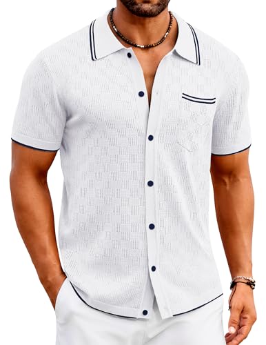 Polo vintage tricot homme boutonné COOFANDY blanc à manches courtes taille L