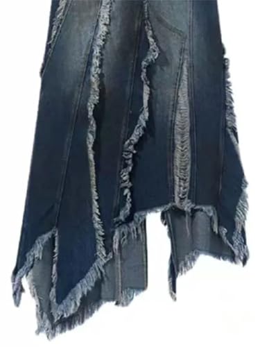 Women High-Waisted with Distressed Frayed Hem and Asymmetrical Design Unique Style Denim Midi Skirt3